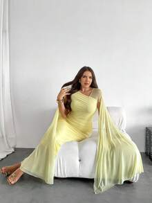 Firerie 女士纯色针织网眼褶皱斗篷袖紧身鸡尾酒会连衣裙 - 黃色 - 查看 6