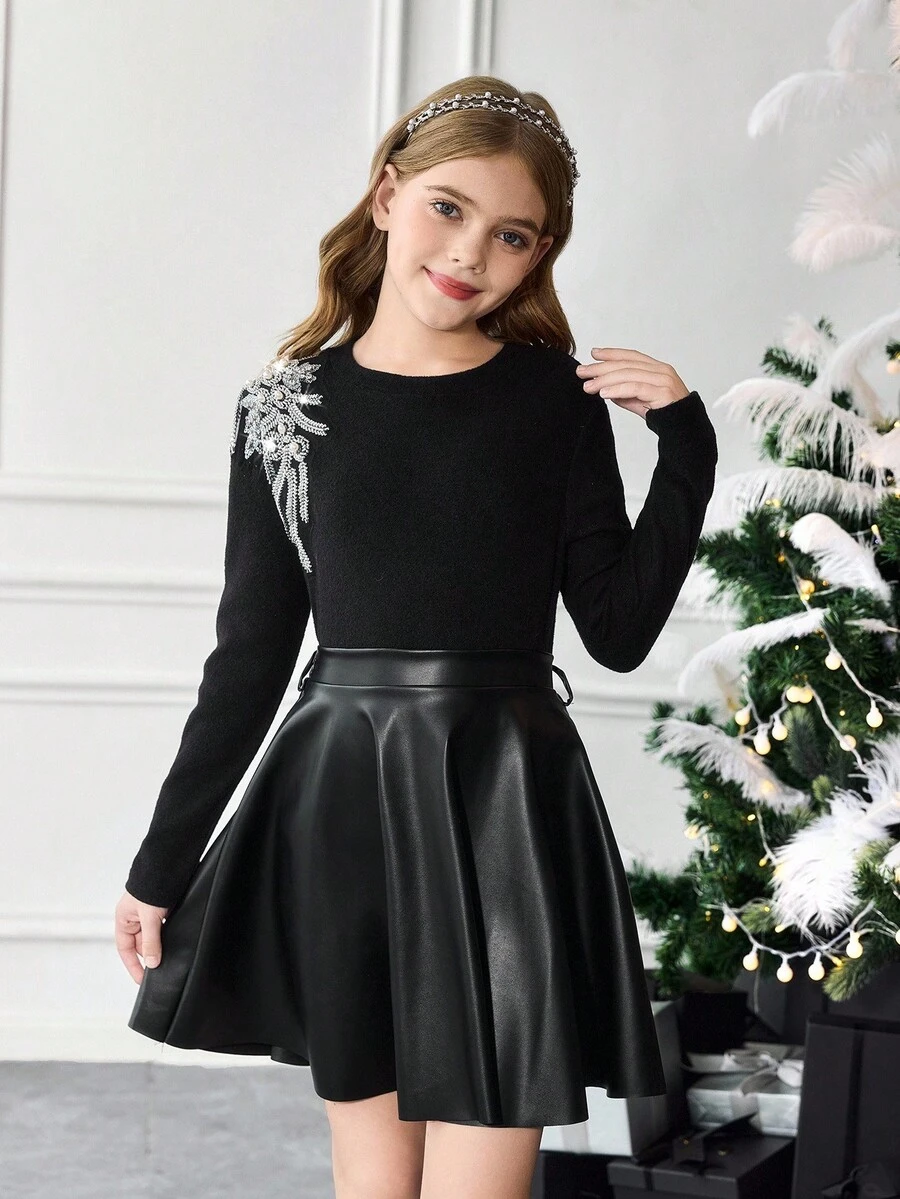 SHEIN 2pcs Tween Girls Casual Elegant Rhinestone Embroidered Knit Top And PU Skirt Set, Suitable For Christmas, Daily Wear - Black - View 1