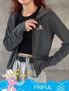 SHEIN X Care Bears FRIFUL Women's Striped Bear Pattern Zip-Up Hooded Long Sleeve T-Shirt - Grey - View 3