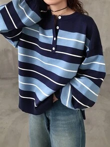FRIFUL Suéter grueso de ajuste holgado y casual con media cremallera y contraste de color a rayas para mujer, otoño