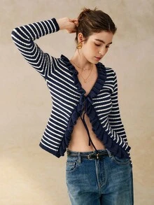 Cévolie 女士秋季系带条纹荷叶边开衫 - 彩色 - 查看 5