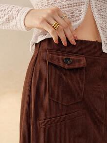Cévolie 女装秋冬新款法式通勤时尚灯芯绒高腰直筒开叉半身裙 - 鏽棕色 - 查看 5