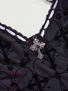 ROMWE Áo ba lỗ và áo hai dây họa tiết chữ thập Gothic cỡ lớn, trang phục dự tiệc cỡ lớn cho phụ nữ vào mùa thu/đông, áo hai dây Gothic cỡ lớn cho phụ nữ - Nhiều màu - Xem 3