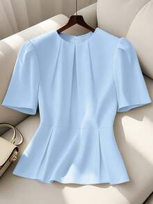 GlowEve CURVE 女式加大码优雅休闲前褶泡泡袖衬衫 - 淺藍色 - 查看 1