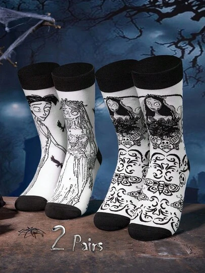 Corpse Bride X SHEIN 2 双情侣款柔软透气吸湿排汗休闲中筒袜时尚黑白中筒袜加固脚趾和脚跟，经久耐用男女通用四季百搭夏冬万圣节