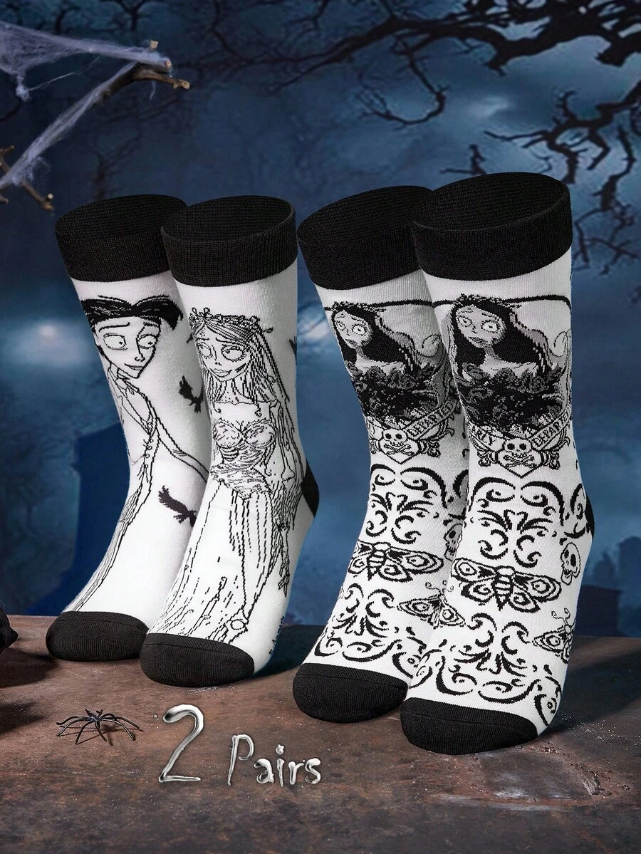 Corpse Bride X SHEIN 2 双情侣款柔软透气吸湿排汗休闲中筒袜时尚黑白中筒袜加固脚趾和脚跟，经久耐用男女通用四季百搭夏冬万圣节 - 彩色 - 查看 1