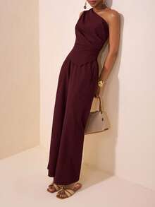 Zivah 2025 Summer New Style Music Festival Easter Mother's Day Wedding Birthday Party Daily Outing Basic And Versatile Leisure Internet Celebrity Hot Style Elegant Commuter Business Casual One-Shoulder Pleated Waist Asymmetrical Hem Women's Top And Straight Pants Khaki Women's Two Pieces Set