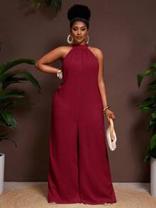 Veslaya 新款春夏休闲度假日常通勤挂脖圆领无袖超宽松阔腿加长裤白色女加大连体裤 - 酒紅色 - 查看 5