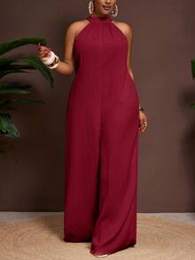 Veslaya 新款春夏休闲度假日常通勤挂脖圆领无袖超宽松阔腿加长裤白色女加大连体裤 - 酒紅色 - 查看 7