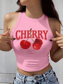 SHEIN EZwear Pink Cherry Pattern Cropped Casual Minimalist Round Neck Fitted Tank Top, Suitable For Summer