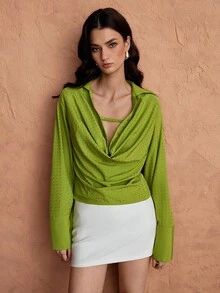 Chiquease Women's Elegant Plunging Neck Sequin Long Sleeve Party Blouse - Green - View 6