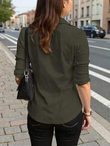 INAWLY Women's Khaki Long Sleeve Cinched Waist Utility Shirt, Casual Outdoor Commute, Autumn - Dark Green - View 2