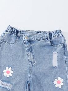 Sparklyn Tween Girls' Flare Leg Jeans, Retro Street Fashion Sweet & Cute Casual Daily School Style Recommended, Pink Bow + Floral Print Design Adorable & Playful, Distressed Details Add Street Flair, Elastic Waistband For Comfort, Asymmetric Waist Design, Loose Fit Flattering, Suitable For Outings, Dates, Beach Vacations, Daily School Looks, Or Hangouts With Friends Fall Winter