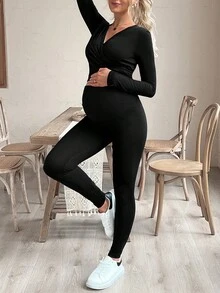 SHEIN 2 pièces Ensemble de sport de maternité, Top à manches longues col V avec croisement et nœud, imprimé papillon et pantalon slim de soutien pour le ventre - Noir - Voir 7