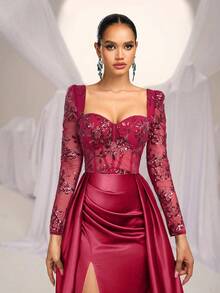 SHEIN Belle 优雅奢华的安哥拉彩色亮片和串珠缎面低胸透明长袖美人鱼高开衩超大荷叶边晚礼服 - 酒紅色 - 查看 6