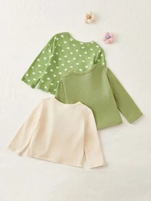 Cozy Pixies 3pcs/Set Baby Girl Heart Pattern Round Neck Long Sleeve Pullover Top Chic Outfits For Autumn/Winter - Green - View 2