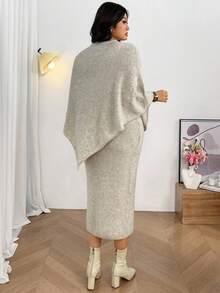 Firerie 2pcs/Set Plus Size Women Beige Poncho Style Sweater & V-Neck Straight Knit Dress, Elegant Everyday Batwing Sleeve Modest Oversized Cape Fall/Winter - Khaki - View 3