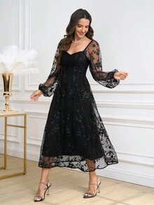 Ellevyn Vestido negro de malla bordada elegante y delicado de largo medio para mujer - Negro - Ver 9