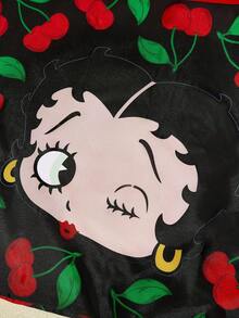 Betty Boop x SHEIN 1 pieza Bolsa de compras plegable con figura de dibujo animado linda, bolso de mano con bolsillo desmontable en cadena, juguetón, cereza, ideas de regalo, fiesta, vacaciones, Día de San Valentín - Negro - Ver 4