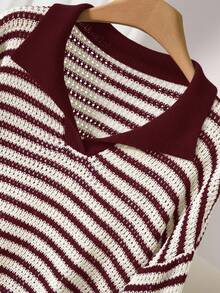 CosyJoli Plus Size Casual Polo Collar Striped Long Sleeve Pullover Sweater Collared Sweater Striped Pullover Sweater Fall Striped Sweater Striped Sweater Women Striped Sweater/ Winter - Burgundy - View 3