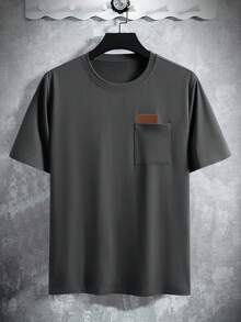 Manfinity Homme 男式修身圆领短袖 T 恤，左胸口袋，带皮革标签