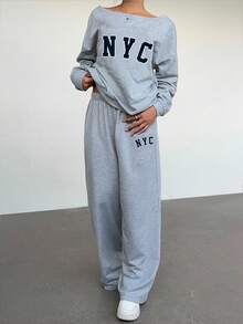 Aloruh 女士宽松舒适百搭露肩纽约字母印花休闲两件套，适合街头、户外和机场穿着 - 灰色 - 查看 6