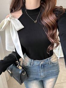 Livesso 女式高领肩部镂空撞色蝴蝶结修身长袖 T 恤，甜美秋季上衣 - 黑色 - 查看 6