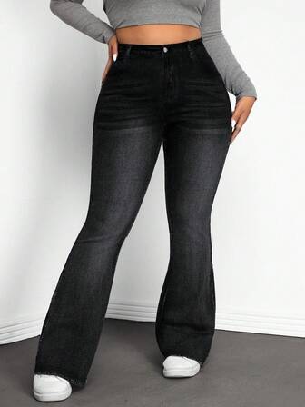 SHEIN CURVE+ 大码休闲水洗修身喇叭牛仔裤