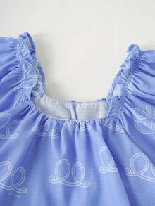 Joliand Joliand 1 pieza Blusa holgada de niña joven con patrón azul anudado de estilo urbano elegante, adecuada para uso casual, diario, salidas, hogar, playa, verano