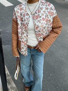 SHEIN Unity Áo khoác chần bông cổ tròn tay dài in họa tiết tương phản cổ điển dành cho nữ, mặc thường ngày và ngày lễ, mùa thu/đông - Nhiều màu - Xem 7