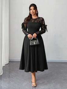 Elenzga Robe élégante à patchwork de dentelle et nœud pour grandes tailles - Noir - Voir 1
