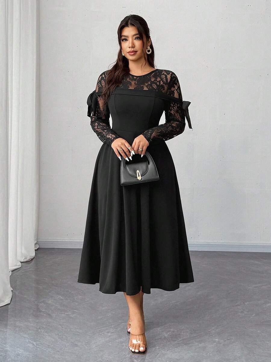 Elenzga Robe élégante à patchwork de dentelle et nœud pour grandes tailles - Noir - Voir 1
