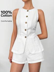 SHEIN Tall Conjunto de verano de estilo bohemio para mujer, modelo 2025 - Conjunto de traje de oficina de damas tejido blanco, Conjunto de dos piezas blanco, Mono blanco para mujer, Monos y petos blancos, Mono corto casual, Mono de lino para otoño/invierno