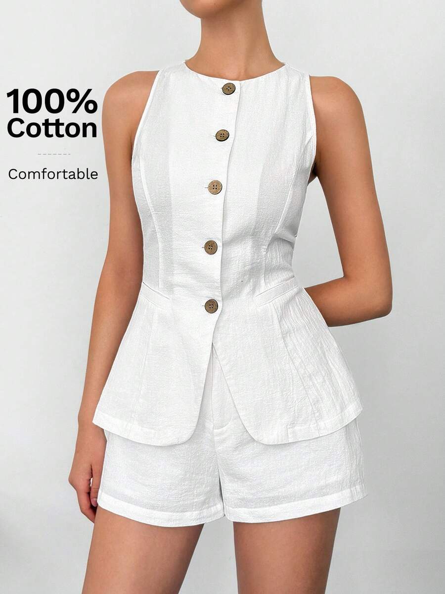 SHEIN Tall Conjunto de verano de estilo bohemio para mujer, modelo 2025 - Conjunto de traje de oficina de damas tejido blanco, Conjunto de dos piezas blanco, Mono blanco para mujer, Monos y petos blancos, Mono corto casual, Mono de lino para otoño/invierno