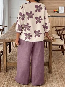 Breezaya 大码女式休闲宽松上衣和阔腿裤两件套 - 彩色 - 查看 2