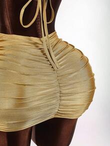 Amplova 女式纯色简约日常交叉系带迷你连衣裙 - 金色 - 查看 8