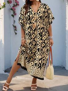 Breezaya Plus Size Women Geometric Print V-Neck Batwing Short Sleeve Loose Casual Dress - Multicolor - View 4