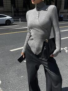 Strévra 女式秋季高领交叉下摆毛衣 - 灰色 - 查看 4