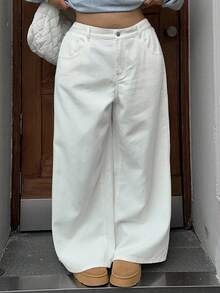 Dazy Plus Dark Wash Loose Straight Leg Long Denim Jeans, All Season