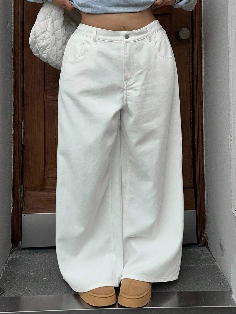 DAZY Dark Wash Loose Straight Leg Long Denim Jeans, All Season - White - View 1