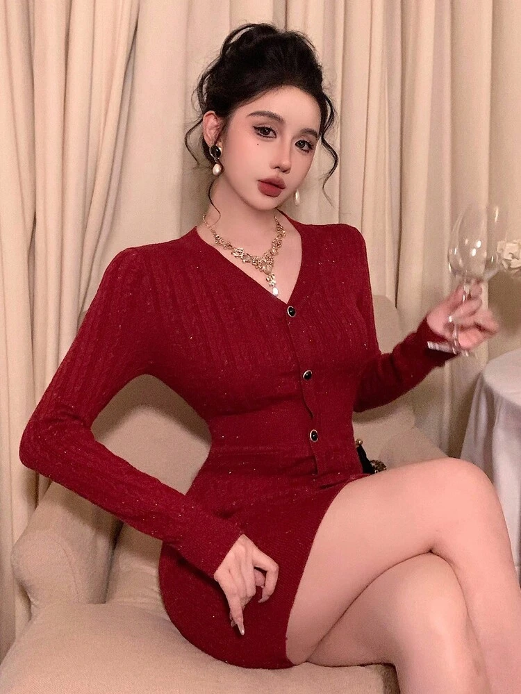 Women's Solid Color Minimalist Long Sleeve Sweater Dress, Casual Everyday Wear Prom Dress