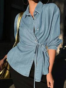 DAZY Women's Casual Commuter Side Tie Denim Blouse Long Sleeve - Light Wash - View 6