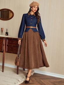 Vintamour 2件秋冬牛仔上衣和复古法式天鹅绒连衣裙套装 - 深色水洗藍 - 查看 2