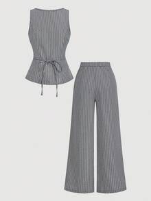 SHEIN MOD 女士优雅两件套：直筒裤和黑白背心 - 黑與白 - 查看 2