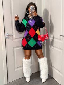 BamGleam 菱格短款针织毛衣裙，冬季新品 - 黑色 - 查看 4