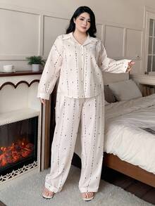 Dazy Plus 不对称印花条纹宽松衬衫和裤子睡衣套装，大码女士休闲家居服，秋季服装 - 白色 - 查看 3