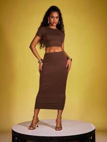 INAWLY Solva Ladies' Fashion Solid Color Short Sleeve T-Shirt And Skirt Set - Coffee Brown - View 3