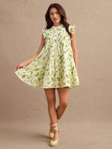 WESTFADE Ditsy Floral Printed Ruffle Mock Neck Bow Tie Lace Up Front Sleeveless Mini Dress Western Wear Women