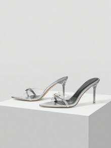 Mnmlis Sandalias de tacón alto transparente con punta puntiaguda y hebilla para mujer - Plateado - Ver 3