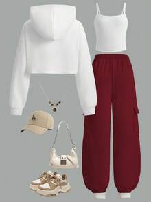 SHEIN ChillGRL 3 pièces/Set sweat-shirt à capuche imprimé lettre décontracté et ample, Débardeur en tricot, et Pantalon cargo en tricot vert pour adolescentes, convient pour le printemps, l'automne et l'hiver - Rouge foncé - Voir 2